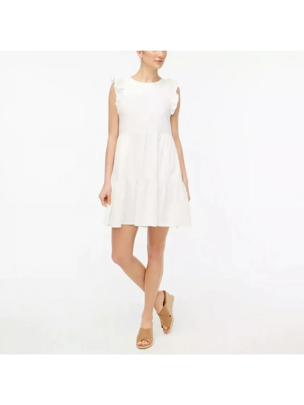 J.Crew Mini Dress Womens 12 White Linen Blend Tiered Ruffle Sleeveless Classic